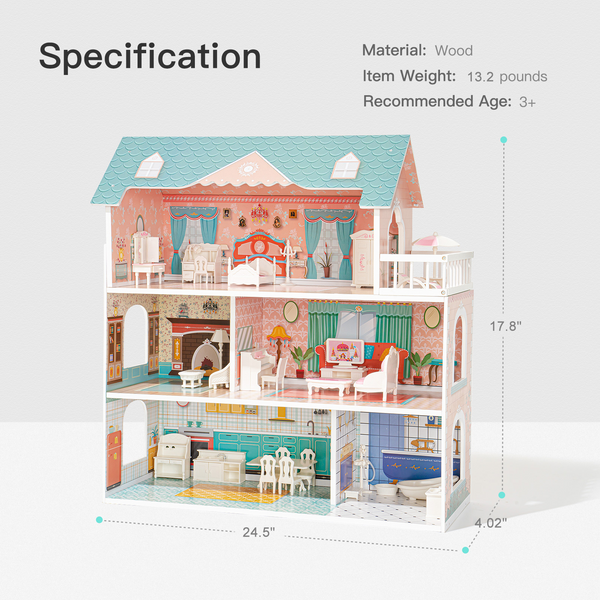 Big Wooden Dollhouse with Furniture Doll House Play Set – The Magical ...