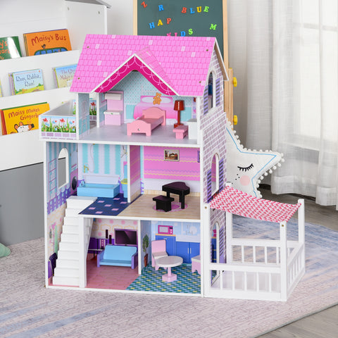 Qaba Kids Wooden Dollhouse with Furniture Accessories for Kids