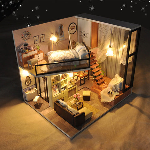 Wooden Doll House With Furniture & LED Lights - 3-Level Toy For Kids Ages 3+